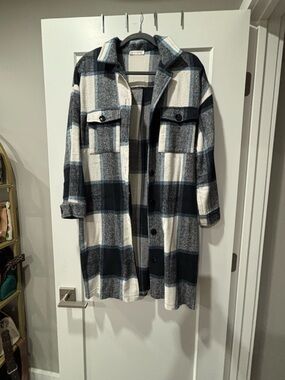 Classic Blue, Black & White Plaid Long Shacket Coat